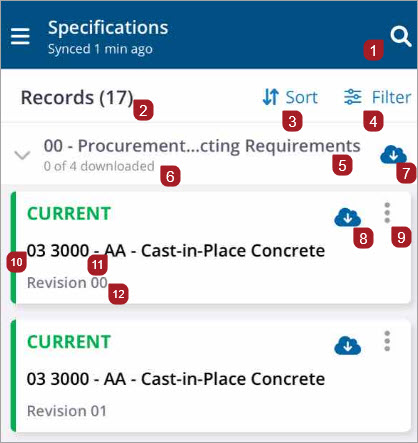 Specifications list view